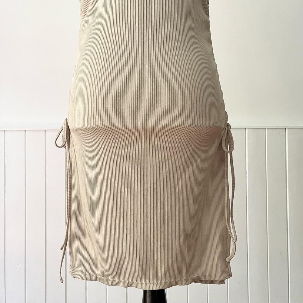 Zara Tan Ribbed Knit Ruched Drawstring Bodycon Dress Size S - Picture 11 of 15